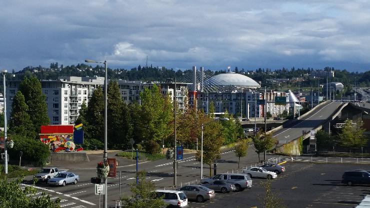 Photo of downtown Tacoma with Tacoma Dome in the background